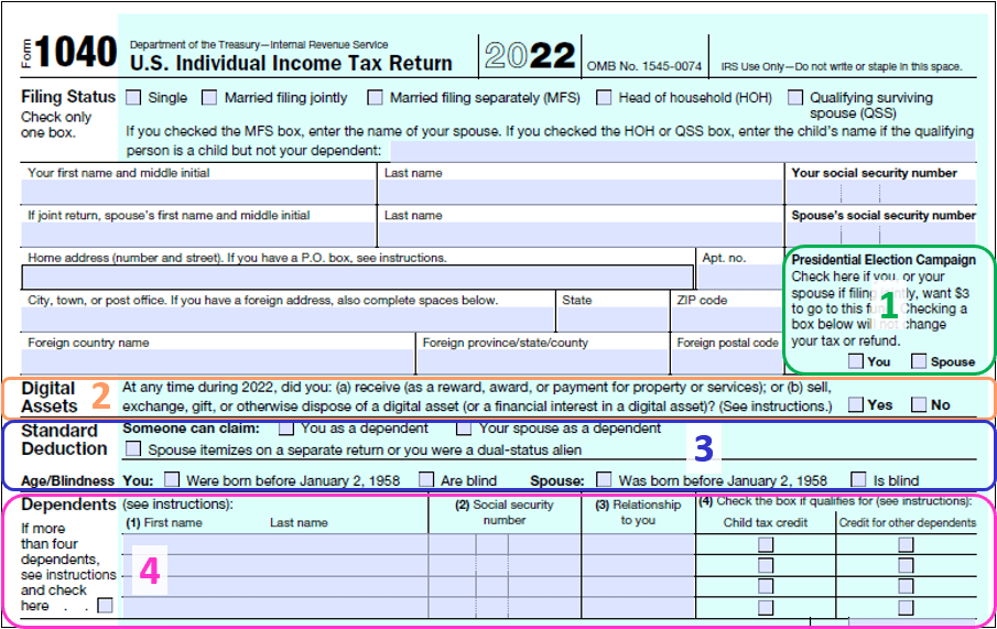 Image of Form 1040, the top portion of the first page, with certain sections circled. These circled sections are what will be discussed in this article.